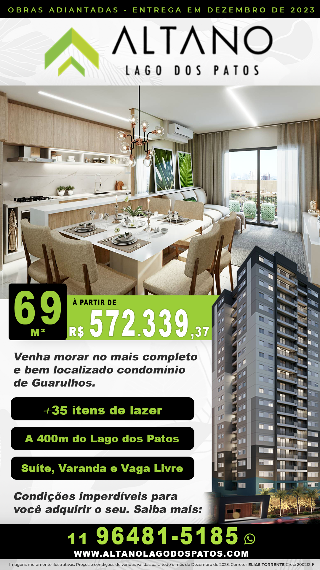 Altano Lago dos Patos lançamento em Guarulhos, é a sua oportunidade de comprar um apartamento de 69, 59, 56 ou 43 m² direto com a construtora com financiamento facilitado